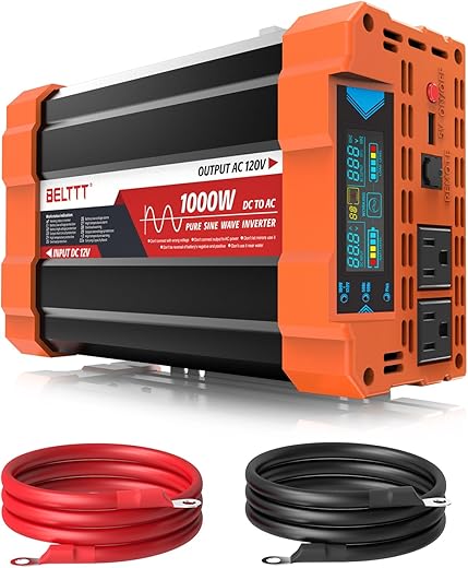 Top 5 Best 1000W RV Inverters for Boondocking 1 BELTTT 1000Watt Pure Sine Wave Inverter 12V DC to 120V AC for RV, Truck, Off-Grid Solar Car Power Inverter 12V to 110V Converter with Dual AC Socket and 5V 2.1A USB, Intelligent LCD, 2000W Peak