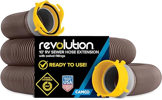 Camco Revolution 10-Foot Camper/RV Sewer Hose Kit - Features Pre-Attached 360-Degree Rotating Fittings - Includes Wire Guards (39639)