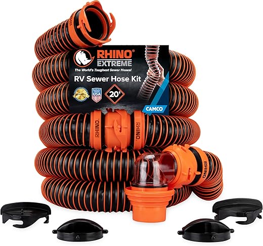 Camco RhinoEXTREME 20' RV Sewer Hose Kit – Premium Sewer Kit — Pre-Assembled & Ready-to-Use — Includes 4-in-1 Dump Station Adapter & Storage Caps — Crush & Abrasion Resistant (21012)