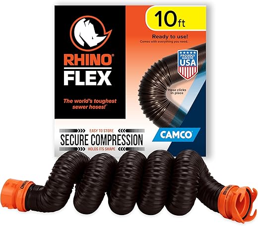 Camco RhinoFLEX 10’ RV Sewer Hose Extension - Features Collapsible Design for RV Storage - Includes Pre-Attached Lug & Bayonet Fitting -Heavy Duty Polyolefin & Reinforced w/Steel Wire (39774)