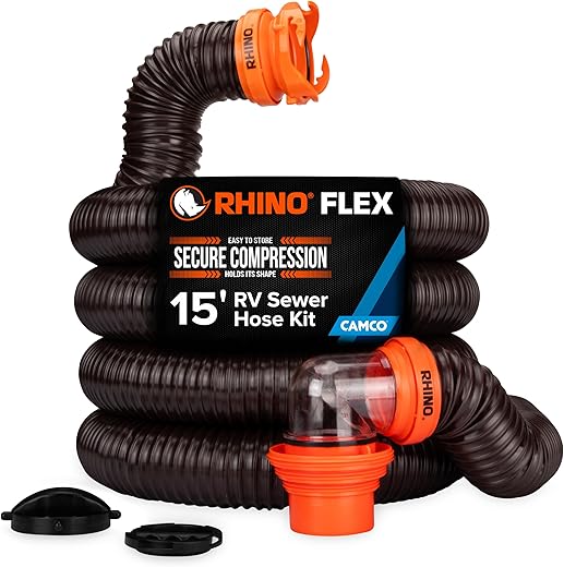 Camco RhinoFLEX 15-Ft RV Sewer Hose Kit - Features Clear Elbow Fitting w/Removable 4-in-1 Adapter - Connects to 3” Slip or 3”/3.5”/4” NPT Threaded Sewer Connection (39770)