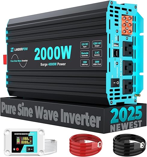 Best 2000W RV Inverters – 2025 Guide 1 Pure Sine Wave Inverter 2000 Watt, 12V DC to 120V AC Inverters for RV, Truck, Solar, Home, Power Inverter with 3 AC Outlet, 30W USB-C, 5V 3.1A USB, Hardwire Port, Remote Control, Surge 4000W